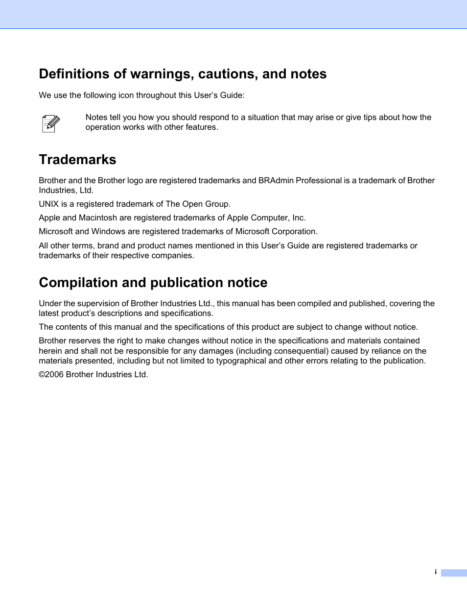 Trademarks, Compilation and publication notice | Brother MFC-440CN User Manual | Page 2 / 67