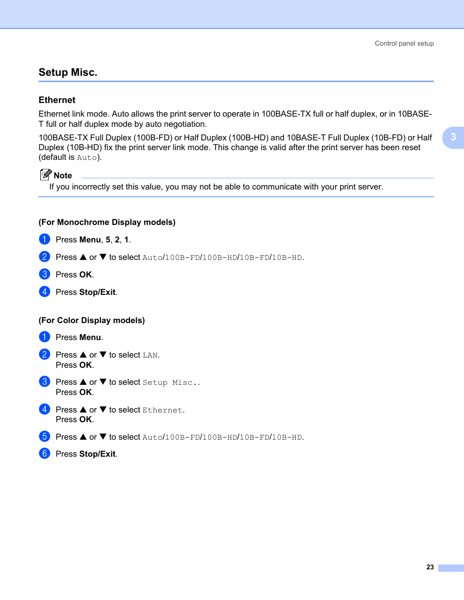 Setup misc, Ethernet, 3setup misc | Brother MFC-440CN User Manual | Page 29 / 67