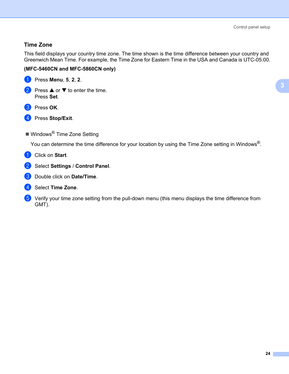 Time zone | Brother MFC-440CN User Manual | Page 30 / 67