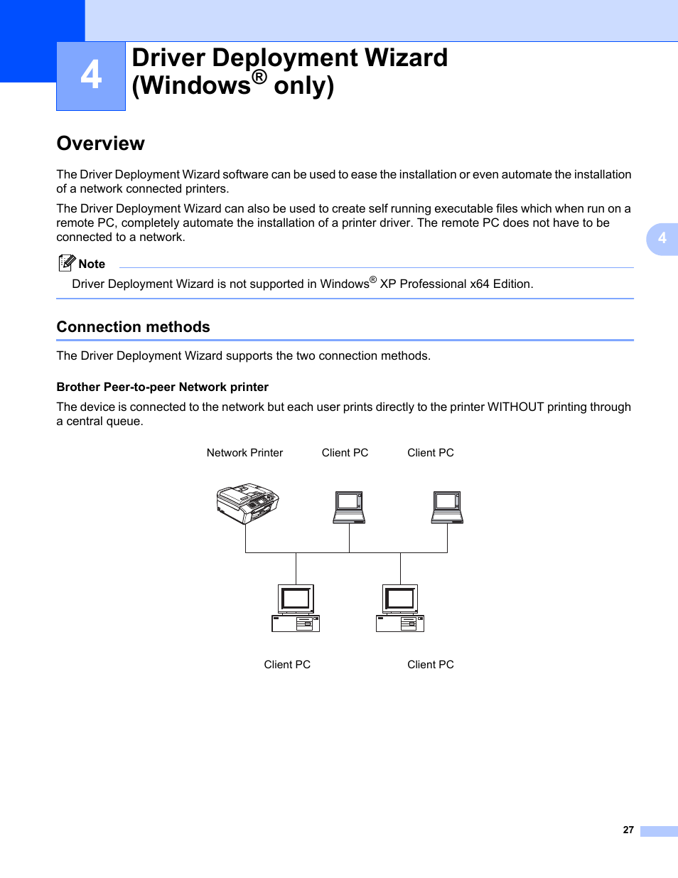4 driver deployment wizard (windows® only), Overview, Connection methods | Driver deployment wizard (windows, Only) | Brother MFC-440CN User Manual | Page 33 / 67