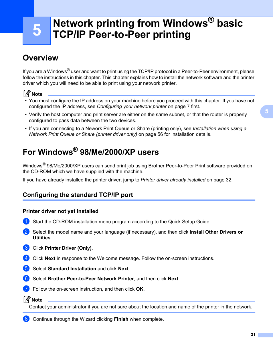 Overview, For windows® 98/me/2000/xp users, Configuring the standard tcp/ip port | Printer driver not yet installed, Network printing from windows, For windows, Chapter 5, Basic tcp/ip peer-to-peer printing | Brother MFC-440CN User Manual | Page 37 / 67