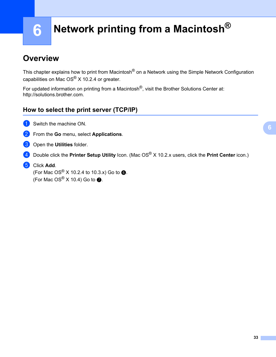 6 network printing from a macintosh, Overview, How to select the print server (tcp/ip) | Network printing from a macintosh | Brother MFC-440CN User Manual | Page 39 / 67