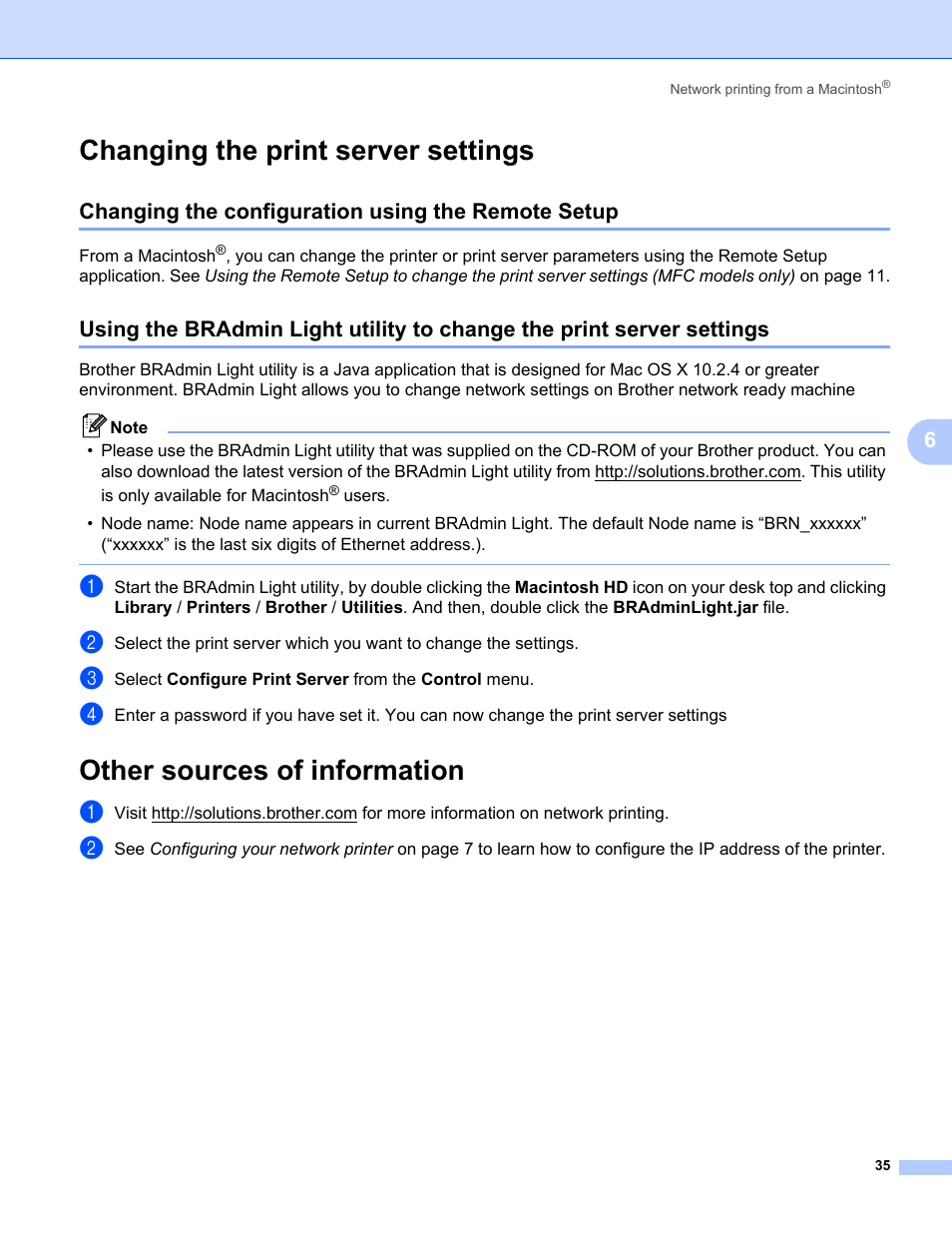 Changing the print server settings, Changing the configuration using the remote setup, Other sources of information | Brother MFC-440CN User Manual | Page 41 / 67