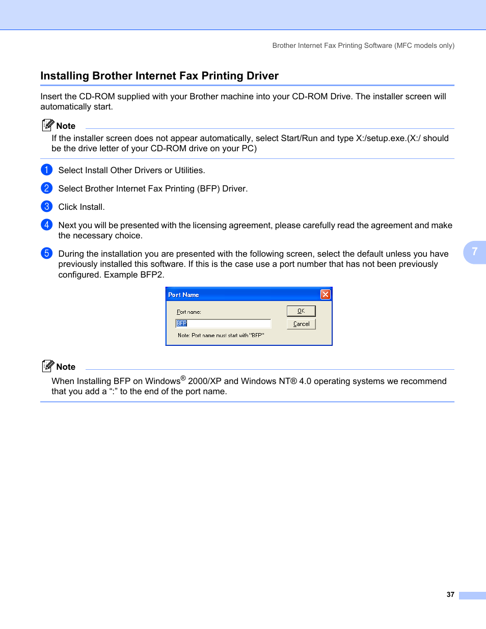 Installing brother internet fax printing driver, 7installing brother internet fax printing driver | Brother MFC-440CN User Manual | Page 43 / 67