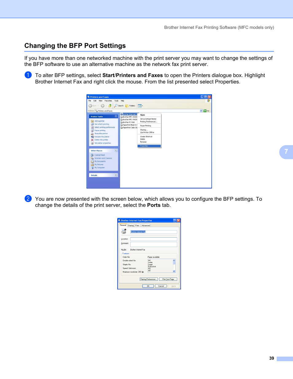 Changing the bfp port settings, 7changing the bfp port settings | Brother MFC-440CN User Manual | Page 45 / 67