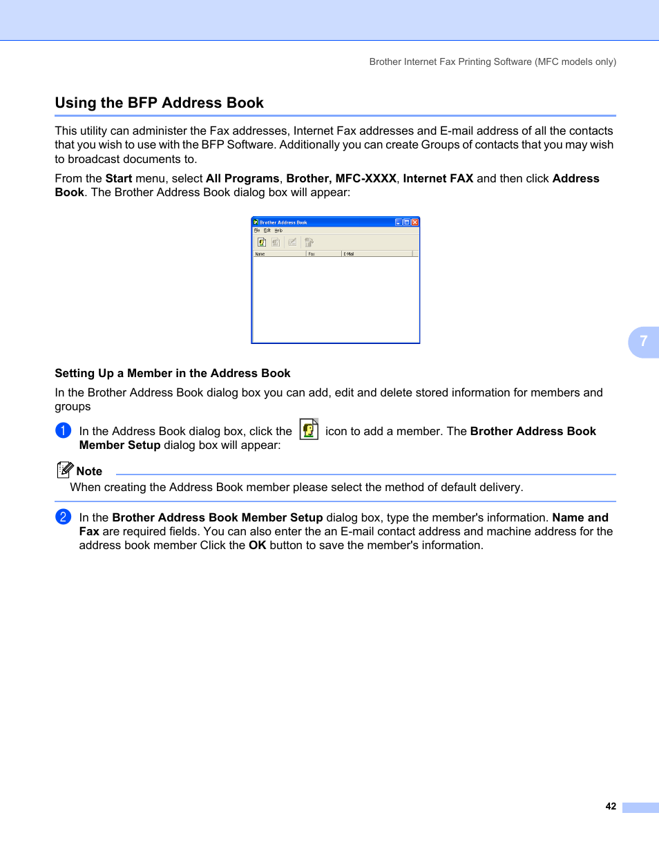 Using the bfp address book, 7using the bfp address book | Brother MFC-440CN User Manual | Page 48 / 67