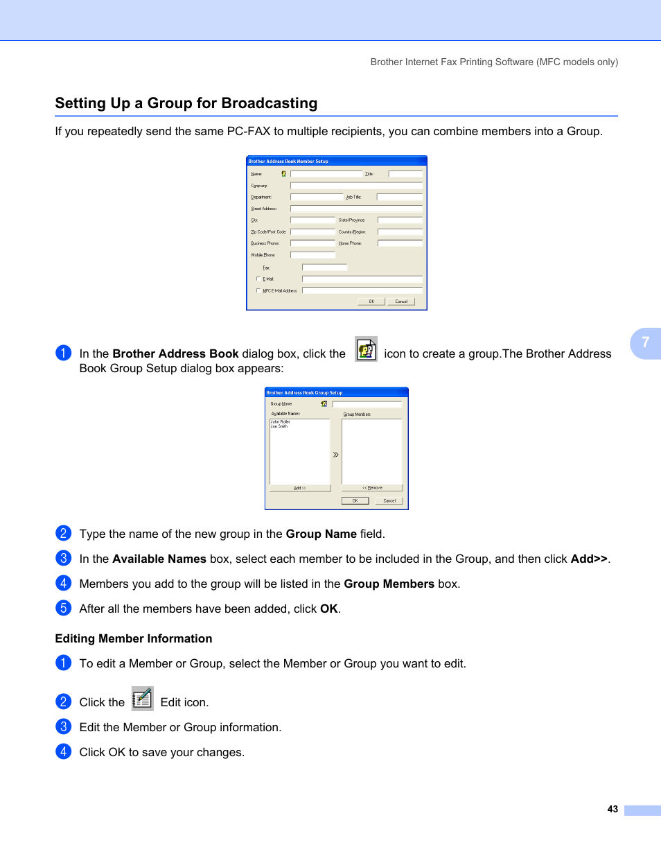 Setting up a group for broadcasting, 7setting up a group for broadcasting | Brother MFC-440CN User Manual | Page 49 / 67
