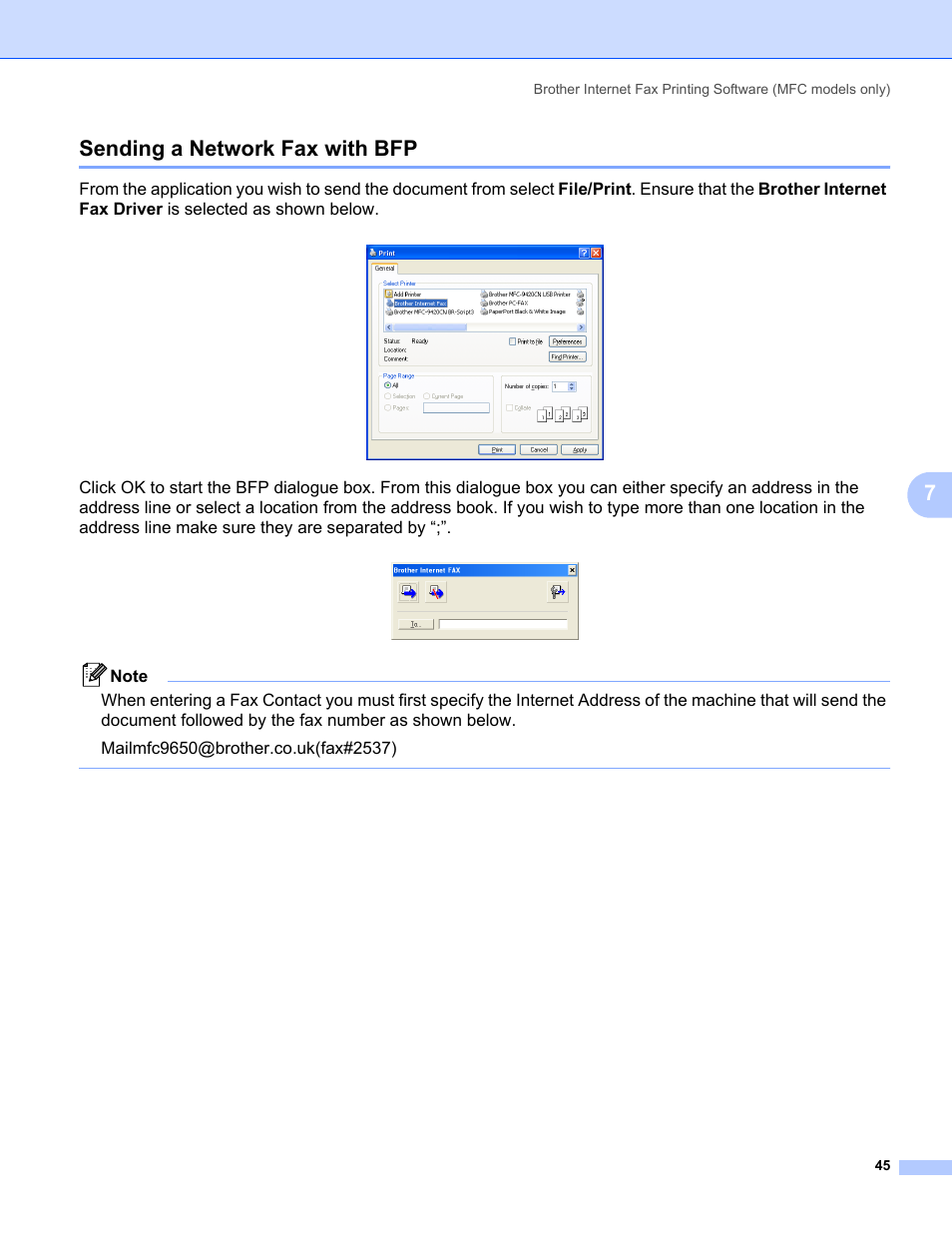 Sending a network fax with bfp, 7sending a network fax with bfp | Brother MFC-440CN User Manual | Page 51 / 67