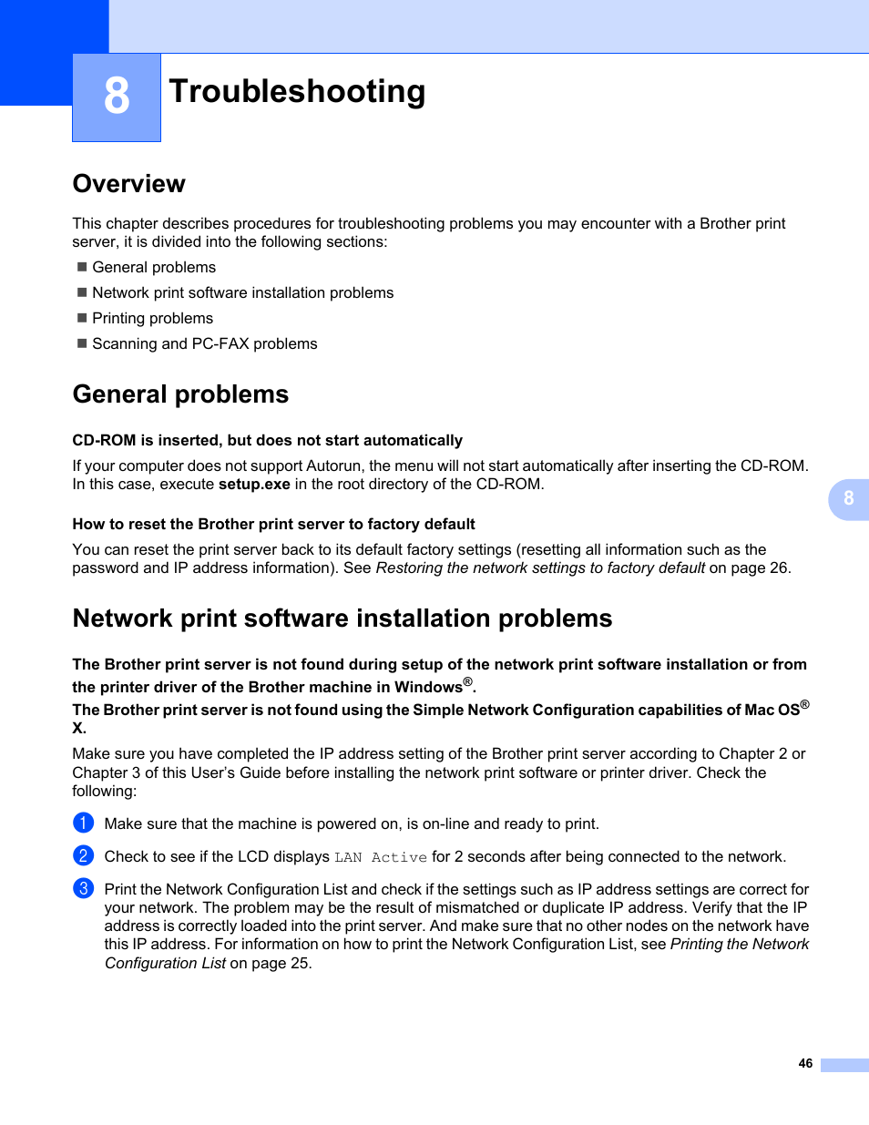 8 troubleshooting, Overview, General problems | Network print software installation problems, Troubleshooting | Brother MFC-440CN User Manual | Page 52 / 67