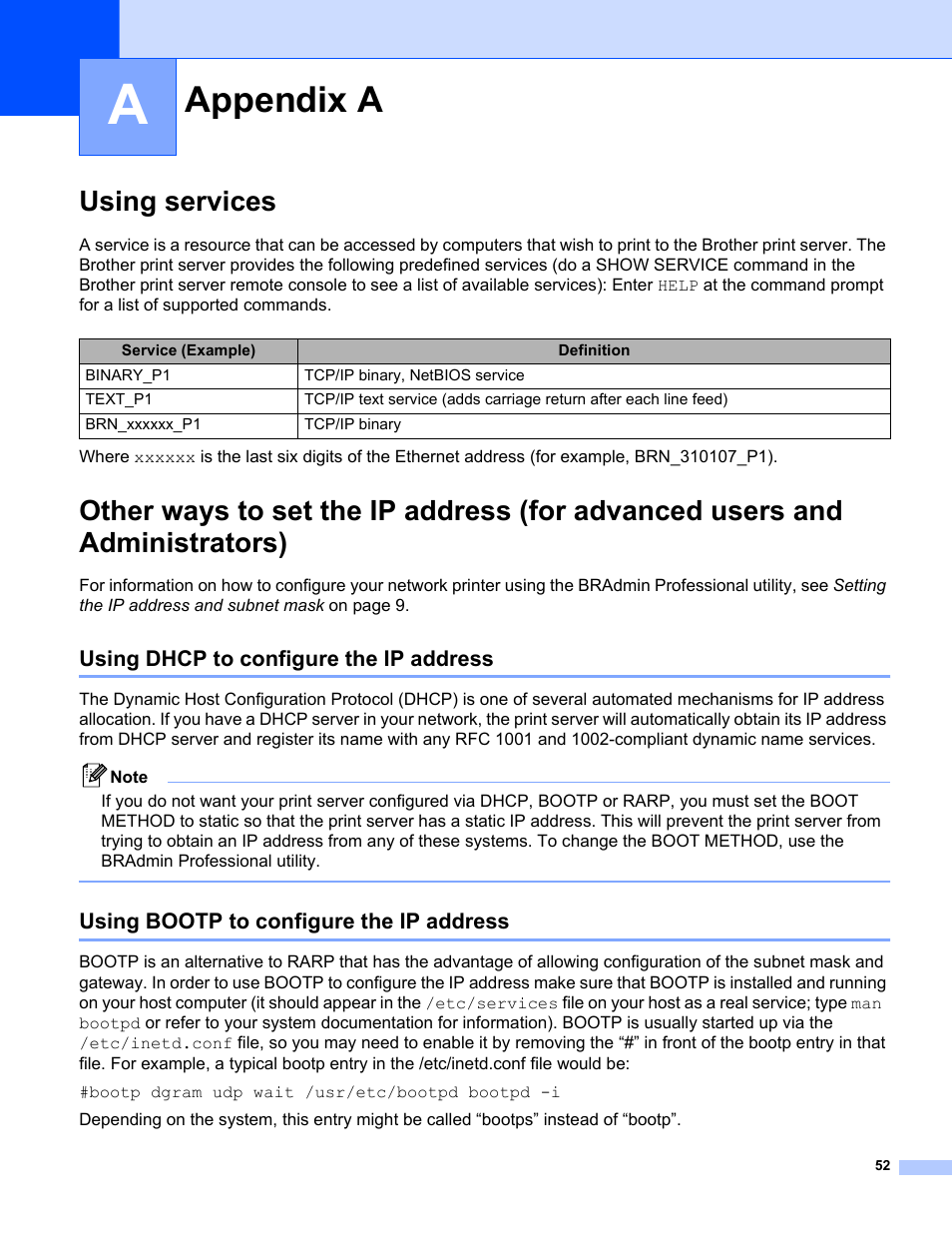 Appendix a, Using services, Using dhcp to configure the ip address | Using bootp to configure the ip address | Brother MFC-440CN User Manual | Page 58 / 67