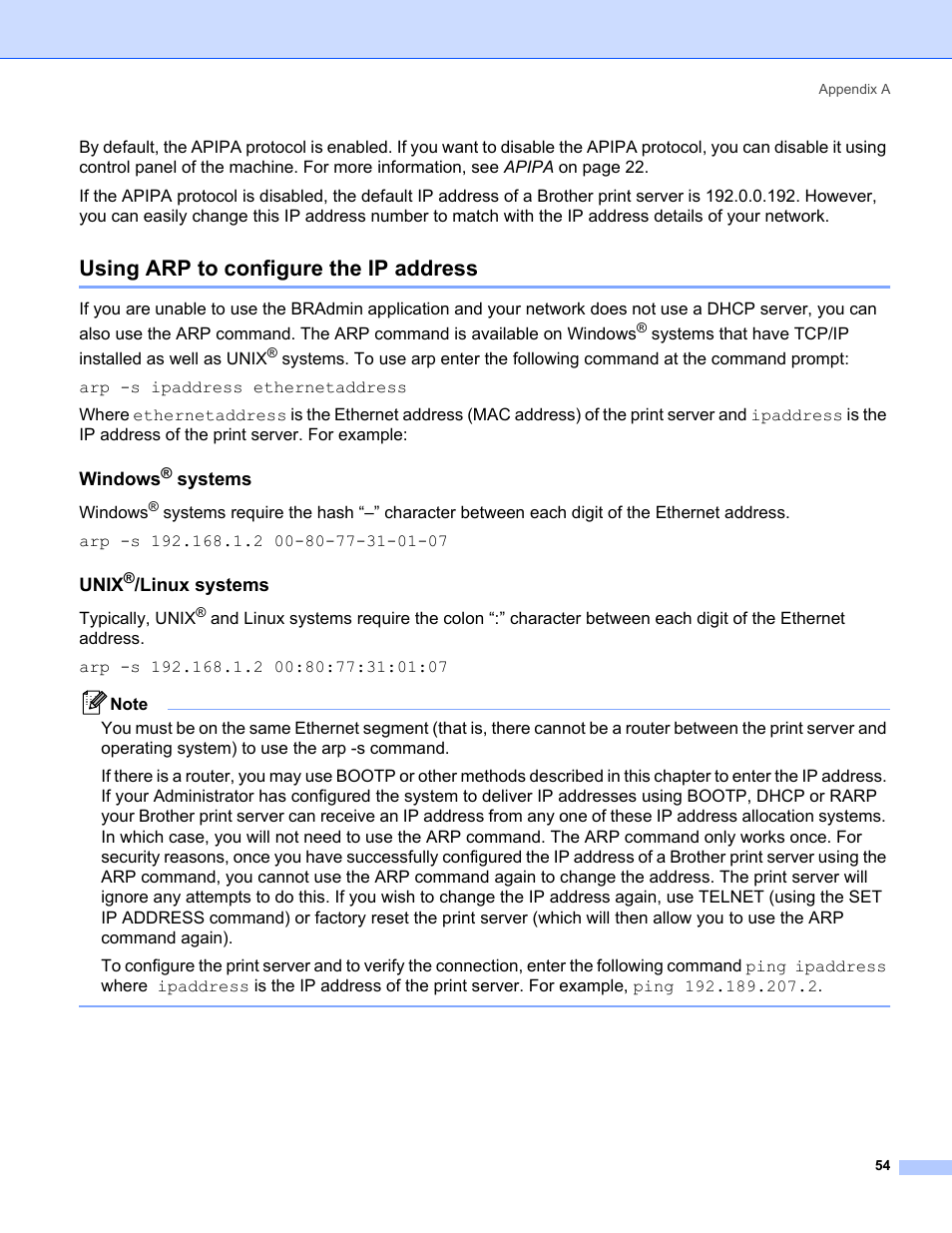 Using arp to configure the ip address, Windows® systems, Unix®/linux systems | Brother MFC-440CN User Manual | Page 60 / 67