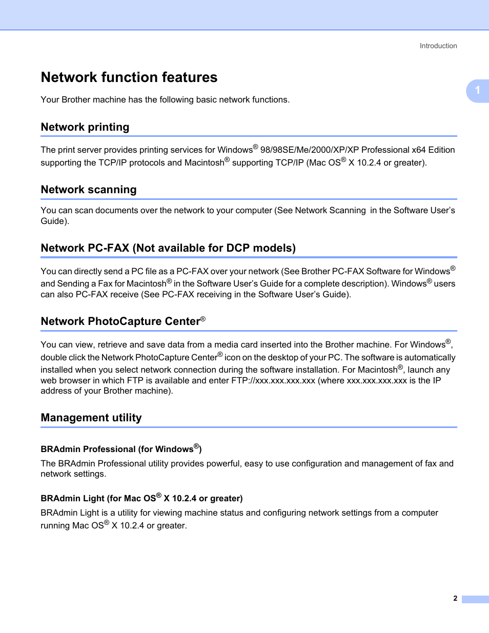 Network function features, Network printing, Network scanning | Network pc-fax (not available for dcp models), Network photocapture center, Management utility | Brother MFC-440CN User Manual | Page 8 / 67