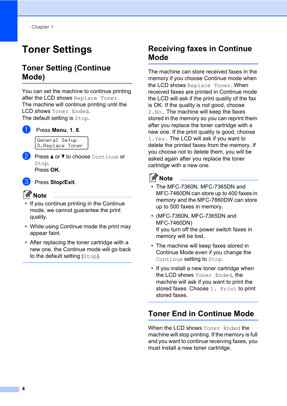 Toner settings, Toner setting (continue mode), Receiving faxes in continue mode | Toner end in continue mode | Brother MFC 7460DN User Manual | Page 10 / 76