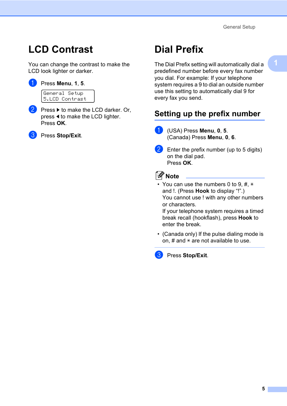 Lcd contrast, Dial prefix, Setting up the prefix number | Lcd contrast dial prefix | Brother MFC 7460DN User Manual | Page 11 / 76