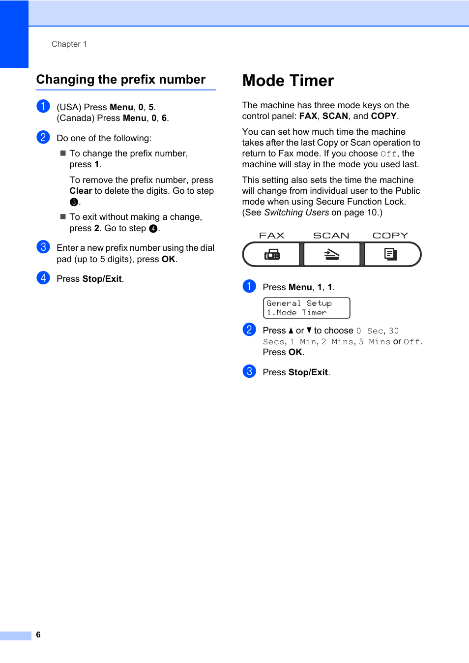 Changing the prefix number, Mode timer | Brother MFC 7460DN User Manual | Page 12 / 76