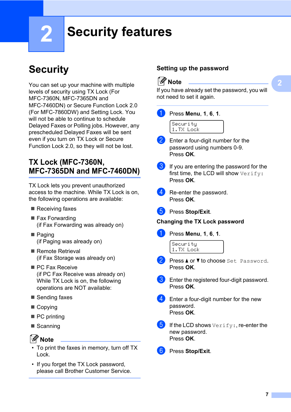 2 security features, Security, Tx lock (mfc-7360n, mfc-7365dn and mfc-7460dn) | Setting up the password, Security features | Brother MFC 7460DN User Manual | Page 13 / 76