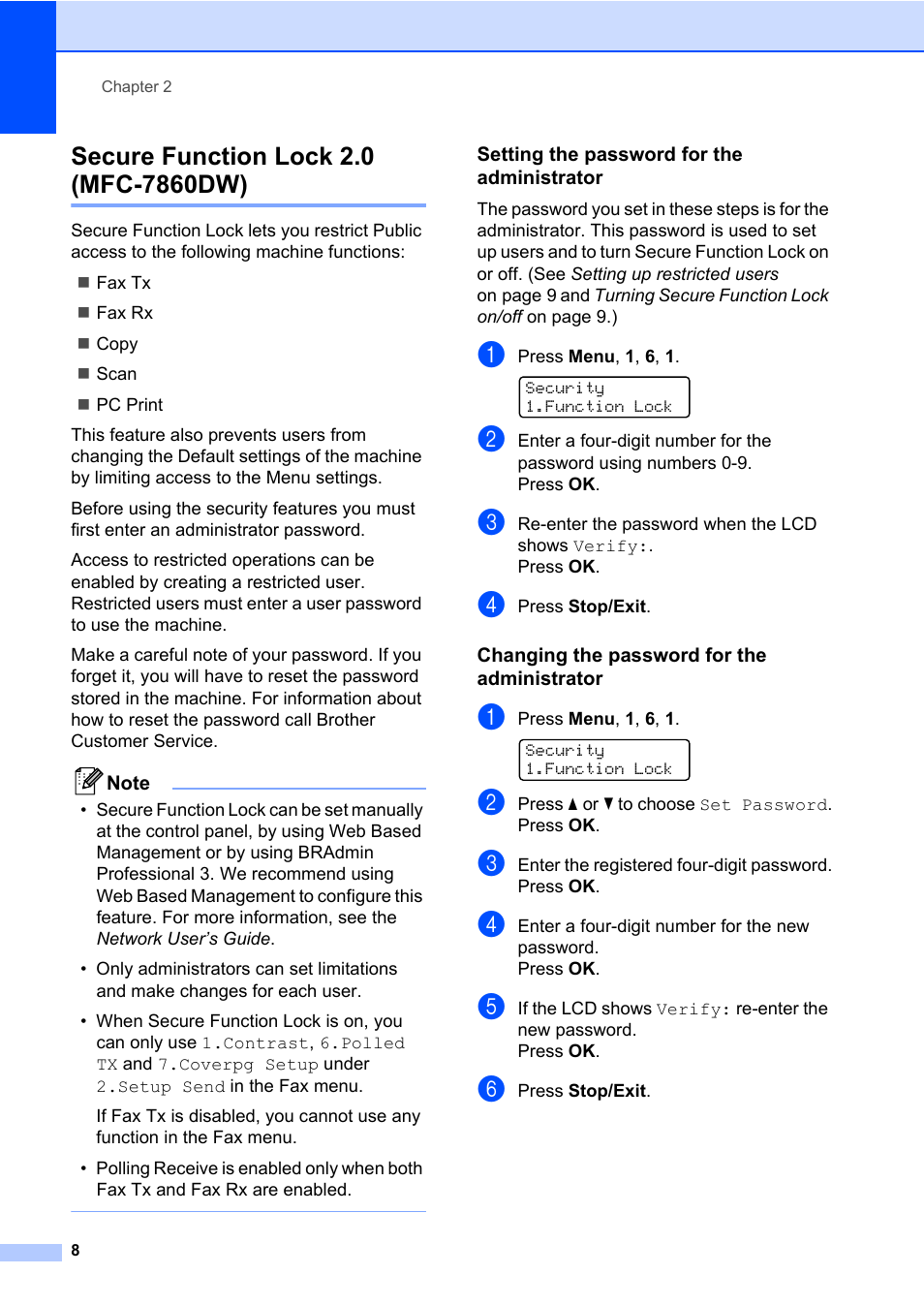 Secure function lock 2.0 (mfc-7860dw), Setting the password for the administrator, Changing the password for the administrator | Brother MFC 7460DN User Manual | Page 14 / 76