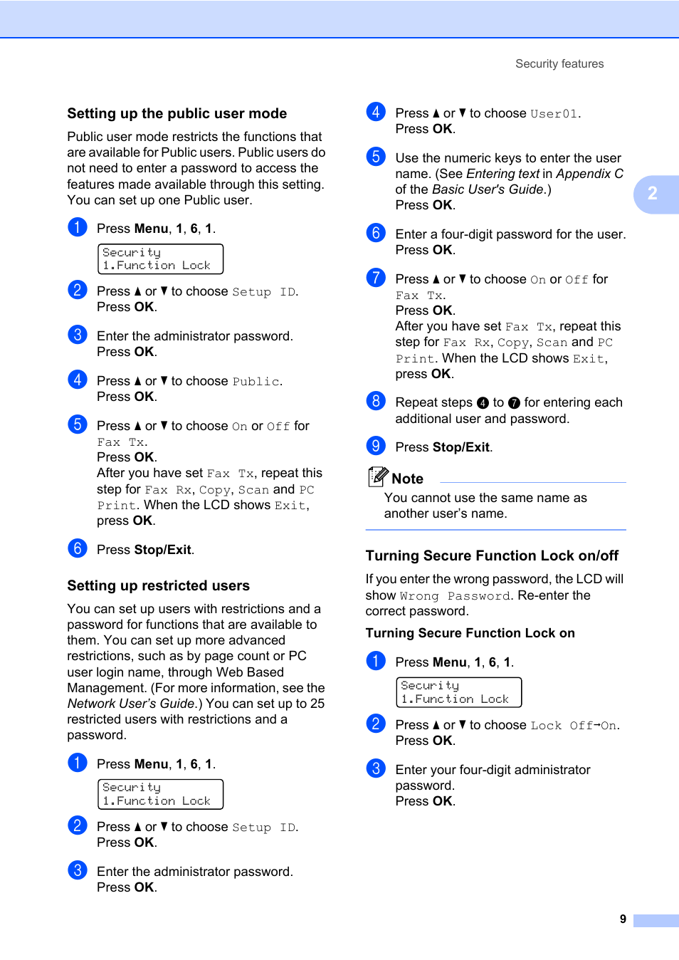 Setting up the public user mode, Setting up restricted users, Turning secure function lock on/off | Brother MFC 7460DN User Manual | Page 15 / 76
