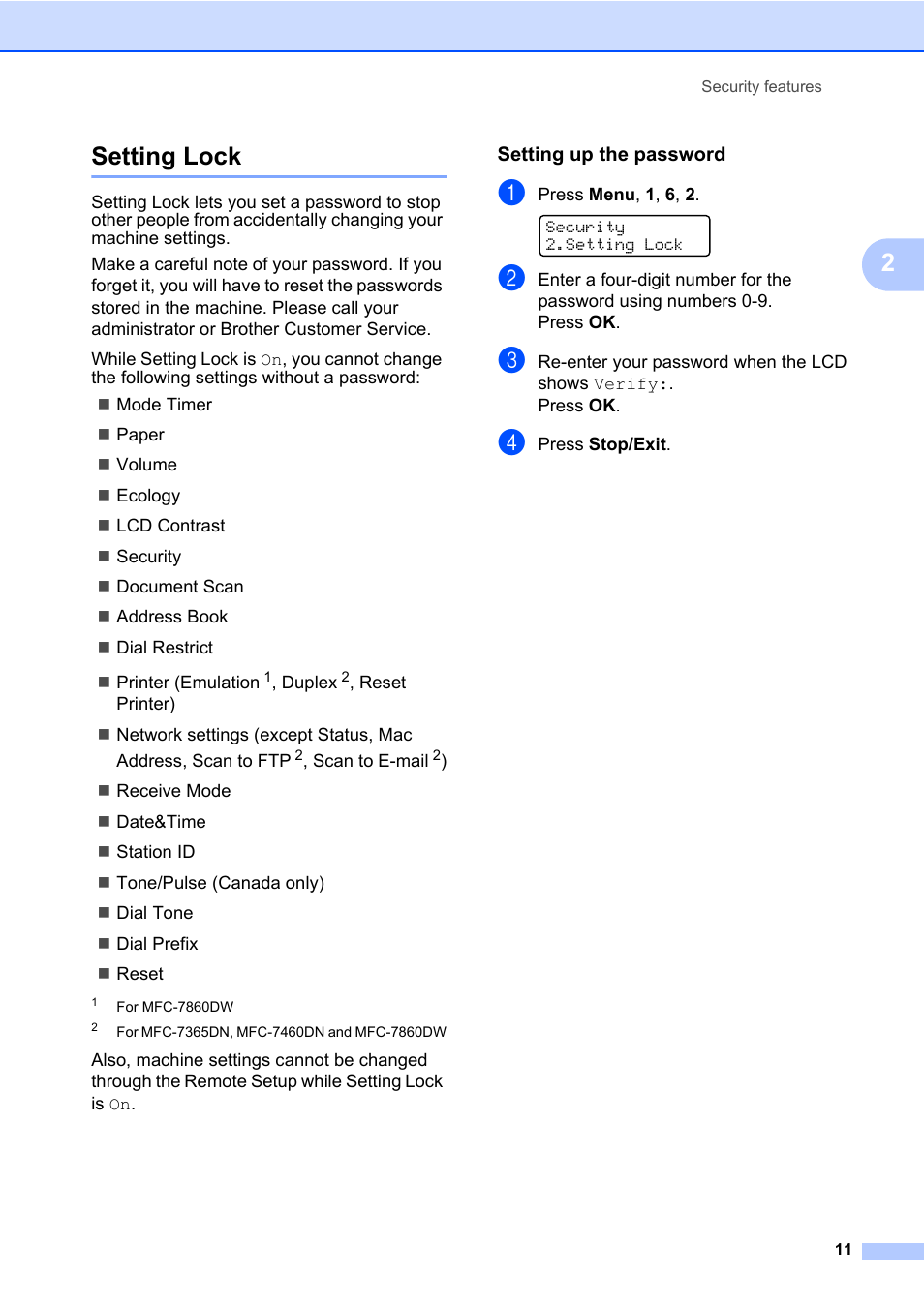 Setting lock, Setting up the password, 2setting lock | Brother MFC 7460DN User Manual | Page 17 / 76