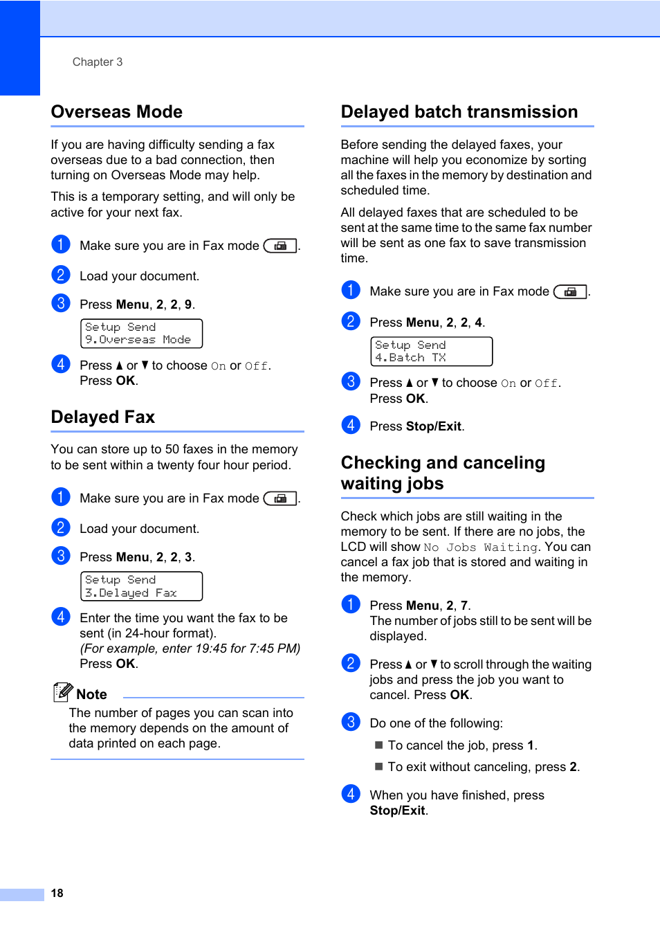 Overseas mode, Delayed fax, Delayed batch transmission | Checking and canceling waiting jobs | Brother MFC 7460DN User Manual | Page 24 / 76