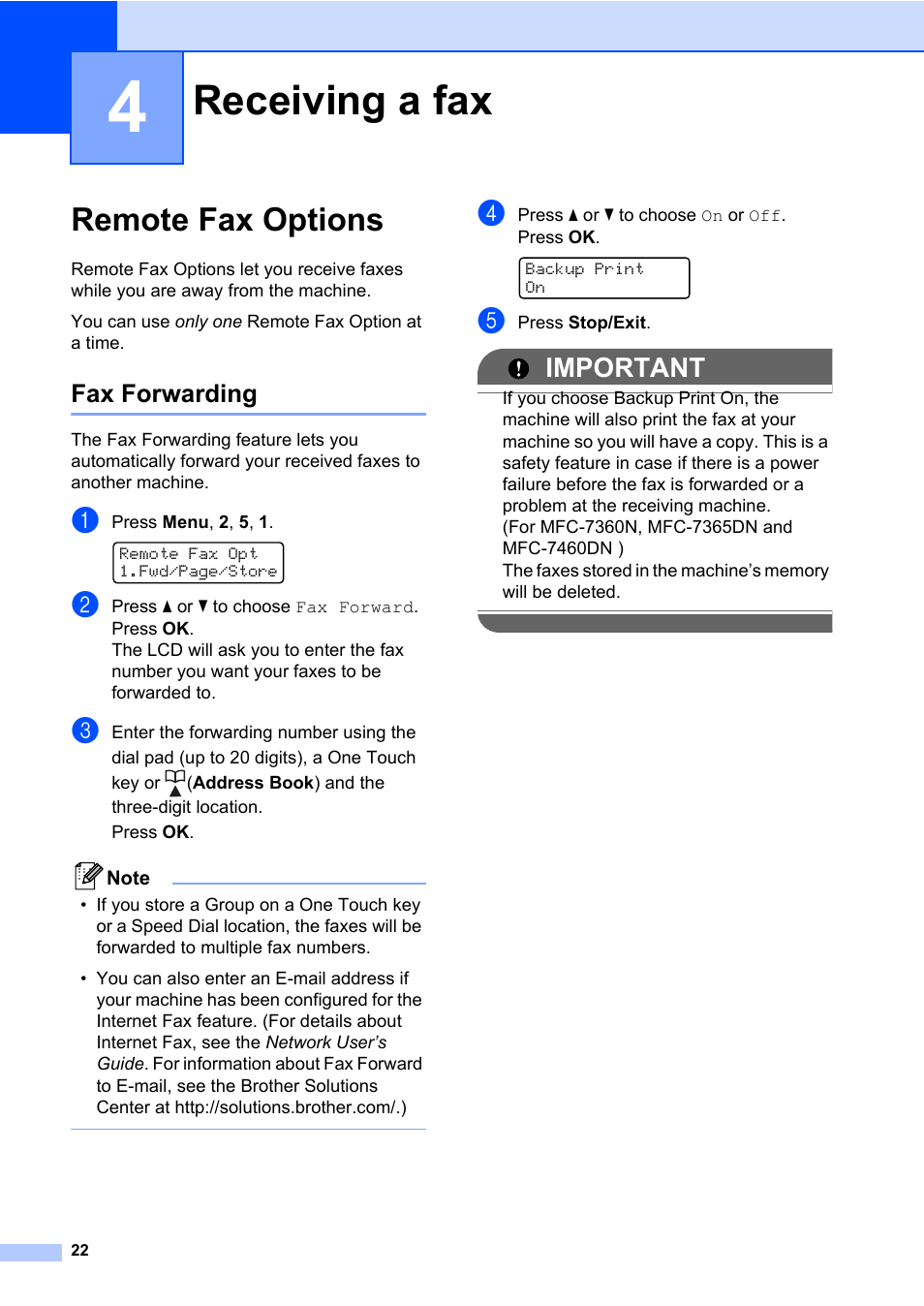 4 receiving a fax, Remote fax options, Fax forwarding | Receiving a fax, Important | Brother MFC 7460DN User Manual | Page 28 / 76