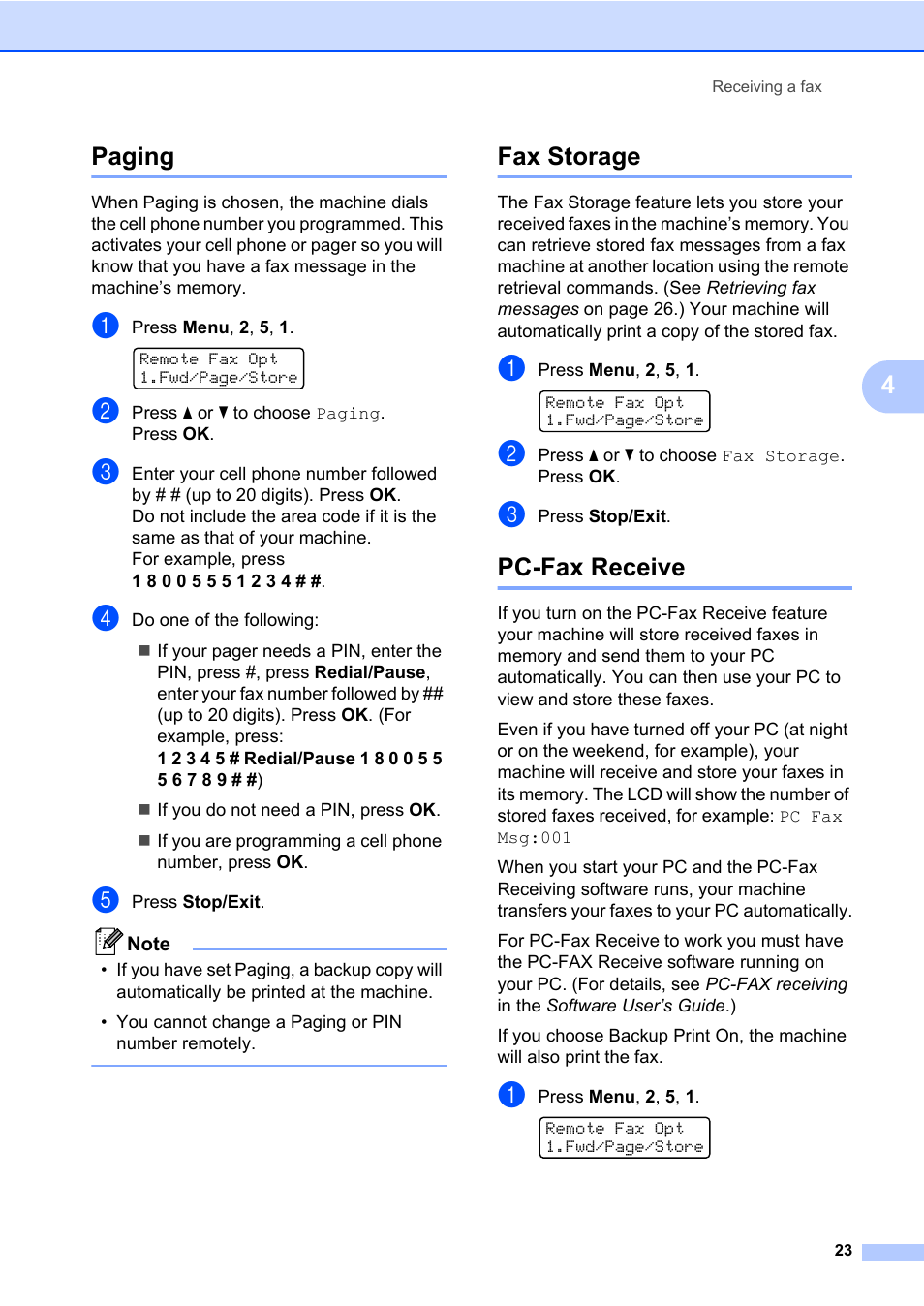 Paging, Fax storage, Pc-fax receive | Paging fax storage pc-fax receive, 4paging | Brother MFC 7460DN User Manual | Page 29 / 76