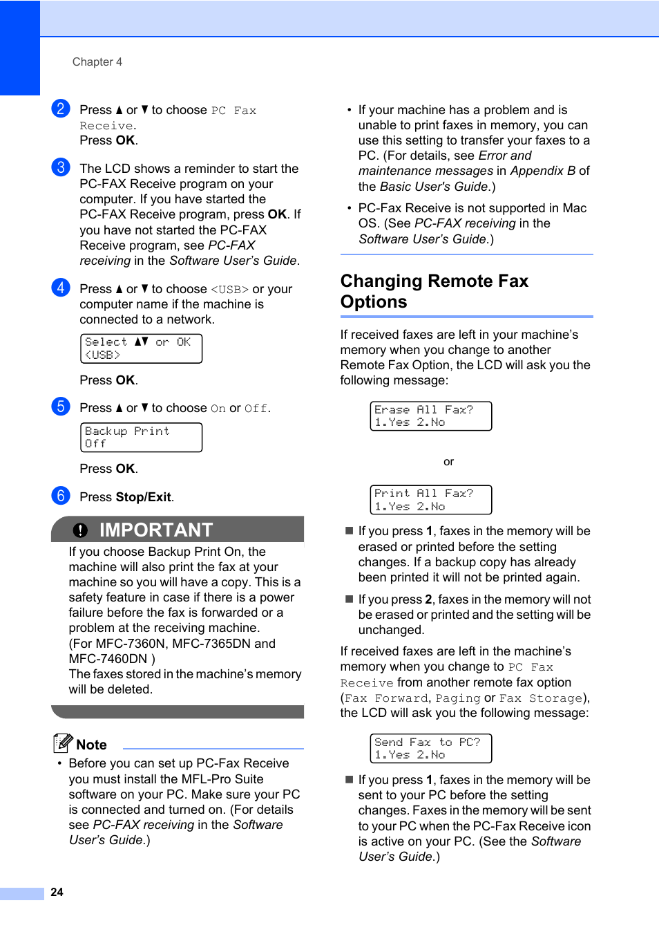 Changing remote fax options, Important | Brother MFC 7460DN User Manual | Page 30 / 76