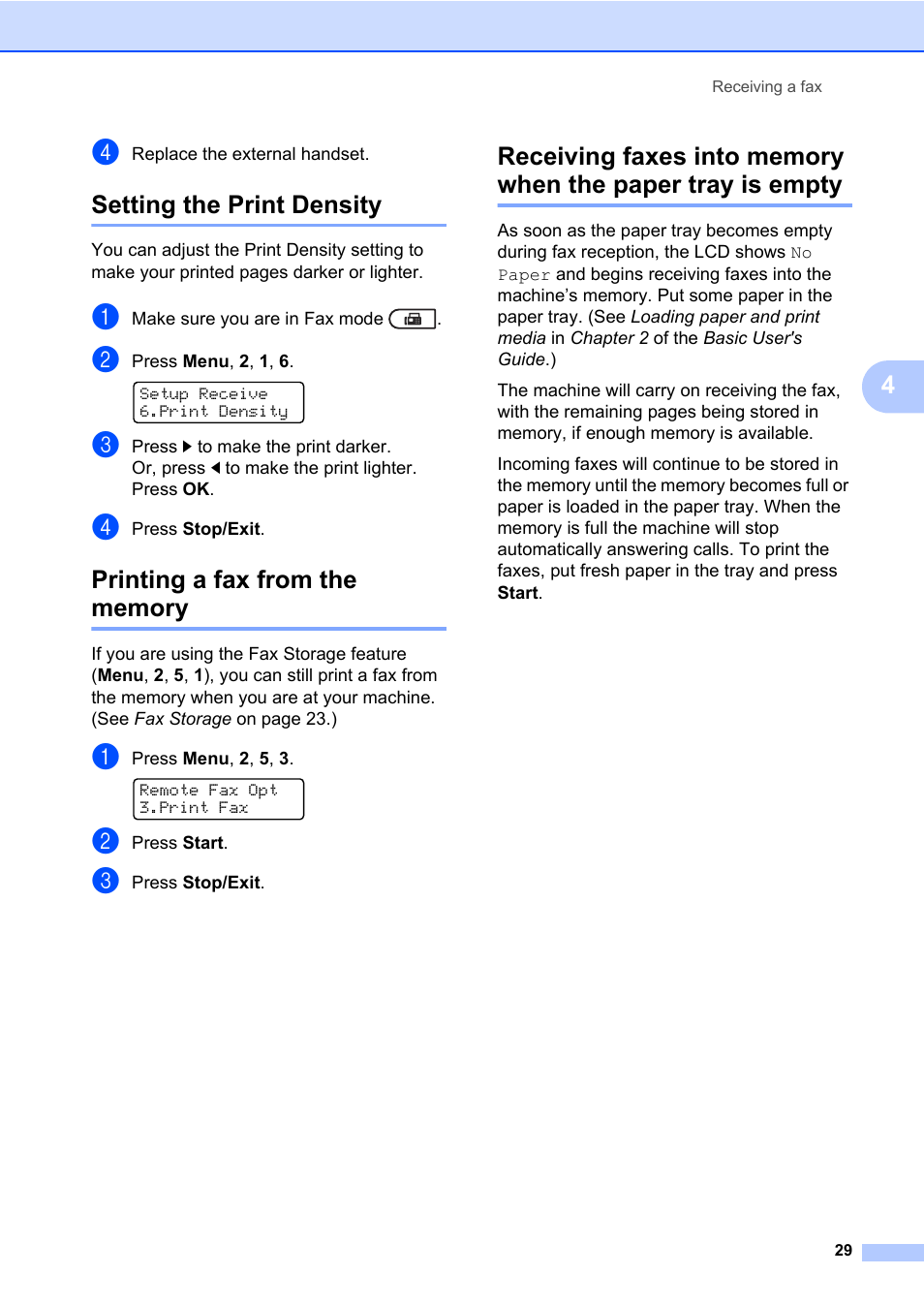 Setting the print density, Printing a fax from the memory | Brother MFC 7460DN User Manual | Page 35 / 76