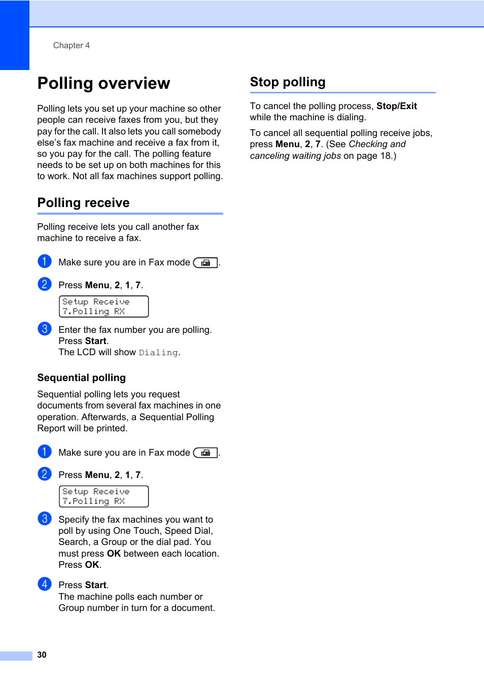 Polling overview, Polling receive, Sequential polling | Stop polling, Polling receive stop polling | Brother MFC 7460DN User Manual | Page 36 / 76