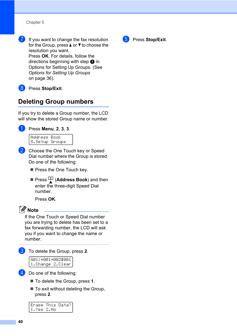 Deleting group numbers | Brother MFC 7460DN User Manual | Page 46 / 76