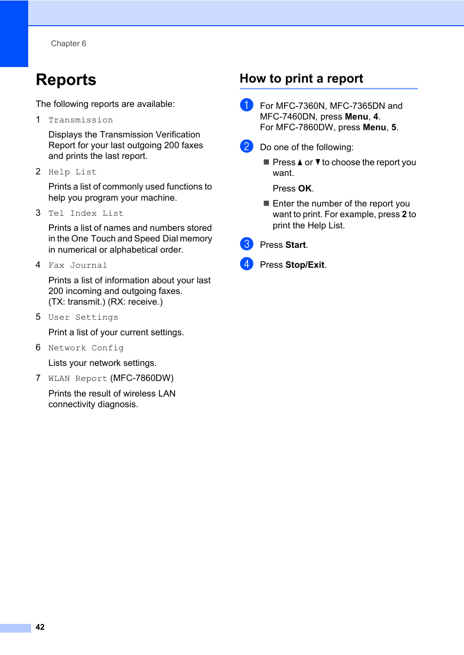 Reports, How to print a report | Brother MFC 7460DN User Manual | Page 48 / 76