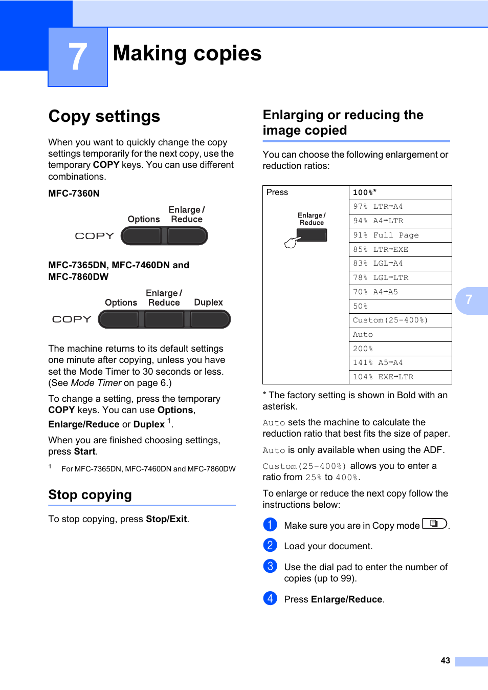 7 making copies, Copy settings, Stop copying | Enlarging or reducing the image copied, Making copies | Brother MFC 7460DN User Manual | Page 49 / 76