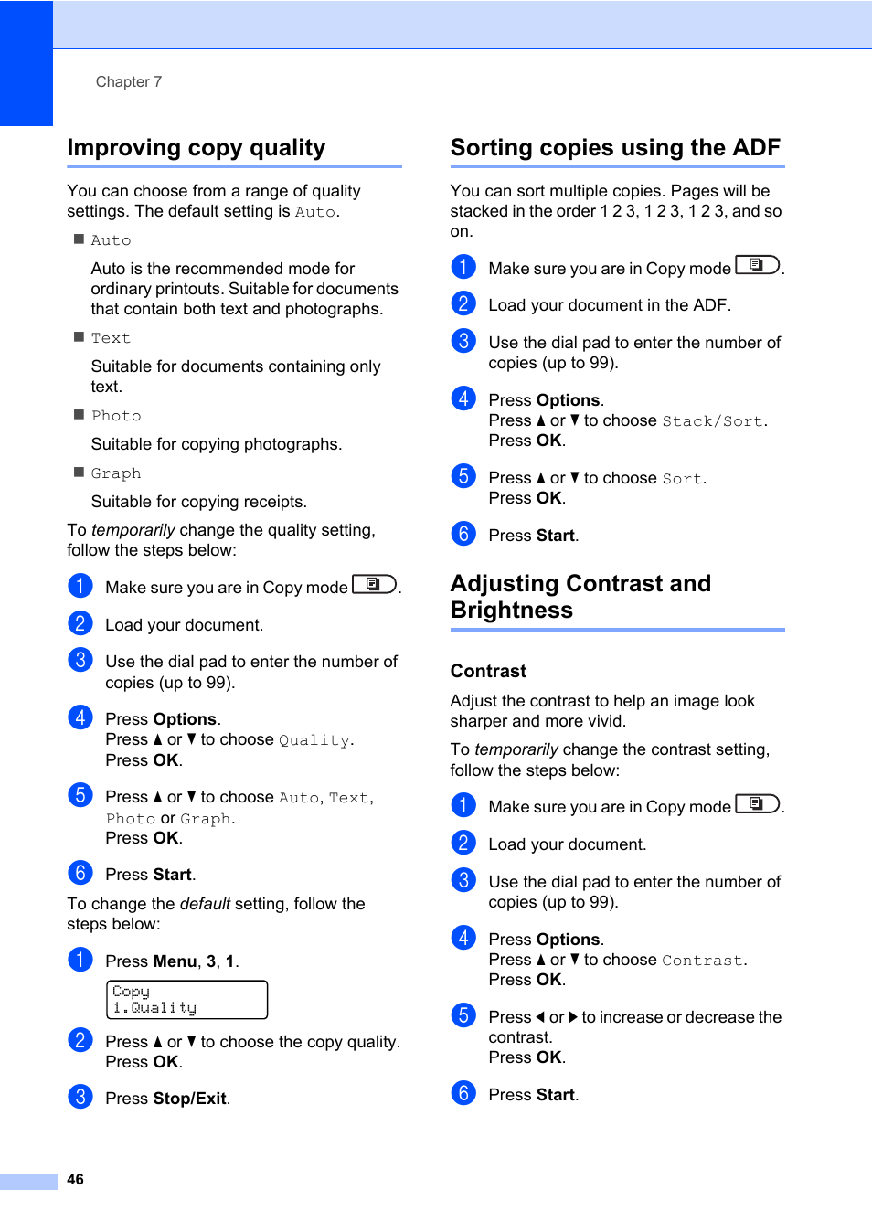 Improving copy quality, Sorting copies using the adf, Adjusting contrast and brightness | Contrast | Brother MFC 7460DN User Manual | Page 52 / 76