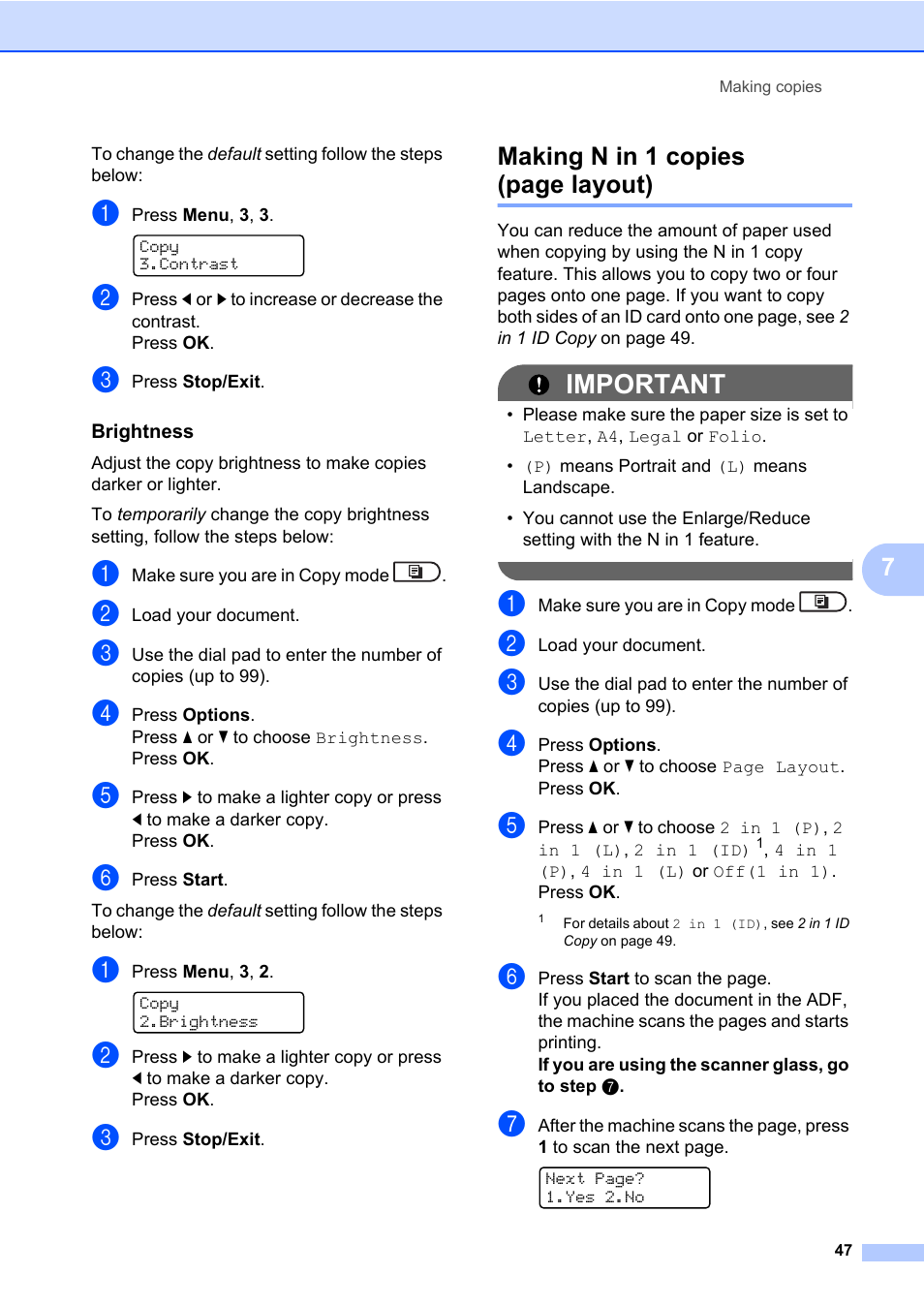 Brightness, Important, Making n in 1 copies (page layout) | Brother MFC 7460DN User Manual | Page 53 / 76