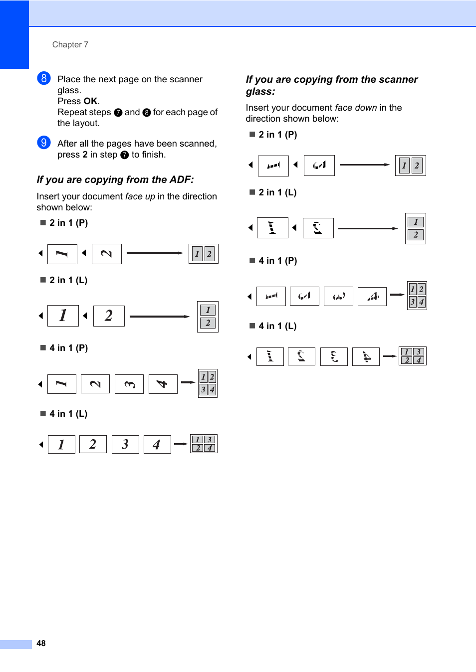 If you are copying from the adf, If you are copying from the scanner glass, 2 in 1 (l) | 4 in 1 (p), 4 in 1 (l) | Brother MFC 7460DN User Manual | Page 54 / 76