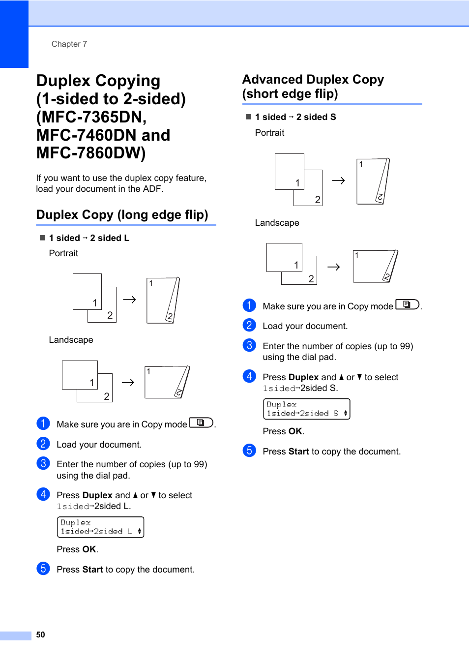 Duplex copy (long edge flip), Advanced duplex copy (short edge flip), Duplex copying (1-sided to 2-sided) | Mfc-7365dn, mfc-7460dn and mfc-7860dw) | Brother MFC 7460DN User Manual | Page 56 / 76