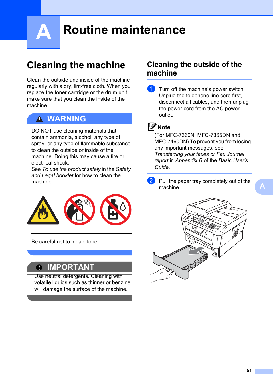 A routine maintenance, Cleaning the machine, Cleaning the outside of the machine | Routine maintenance, Warning, Important | Brother MFC 7460DN User Manual | Page 57 / 76