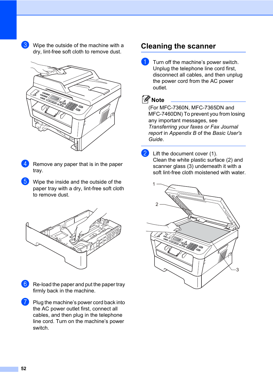 Cleaning the scanner | Brother MFC 7460DN User Manual | Page 58 / 76