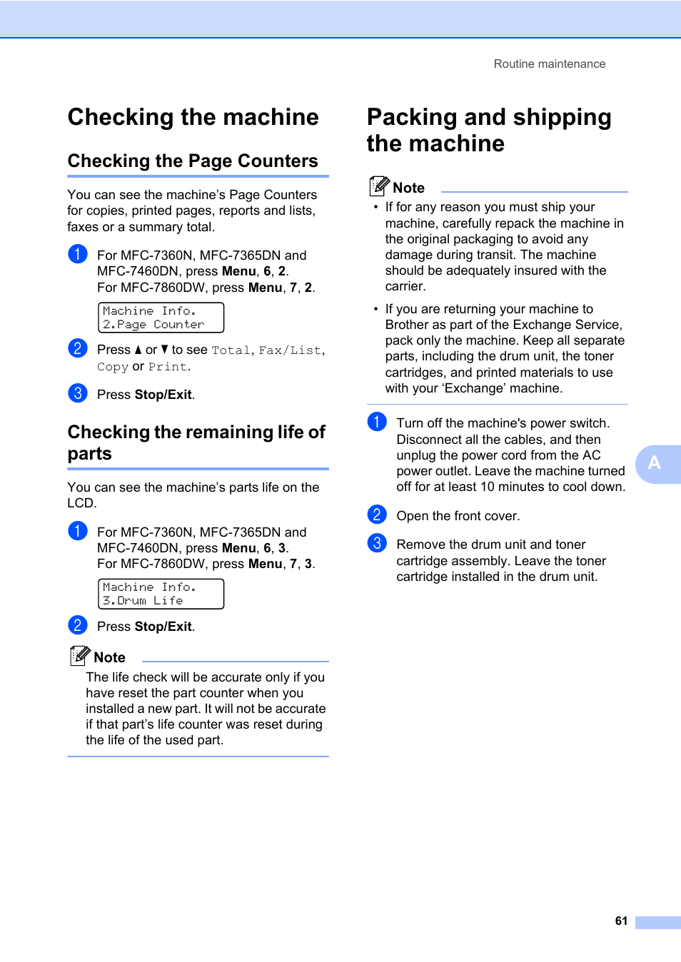 Checking the machine, Checking the remaining life of parts, Packing and shipping the machine | Checking the page counters | Brother MFC 7460DN User Manual | Page 67 / 76