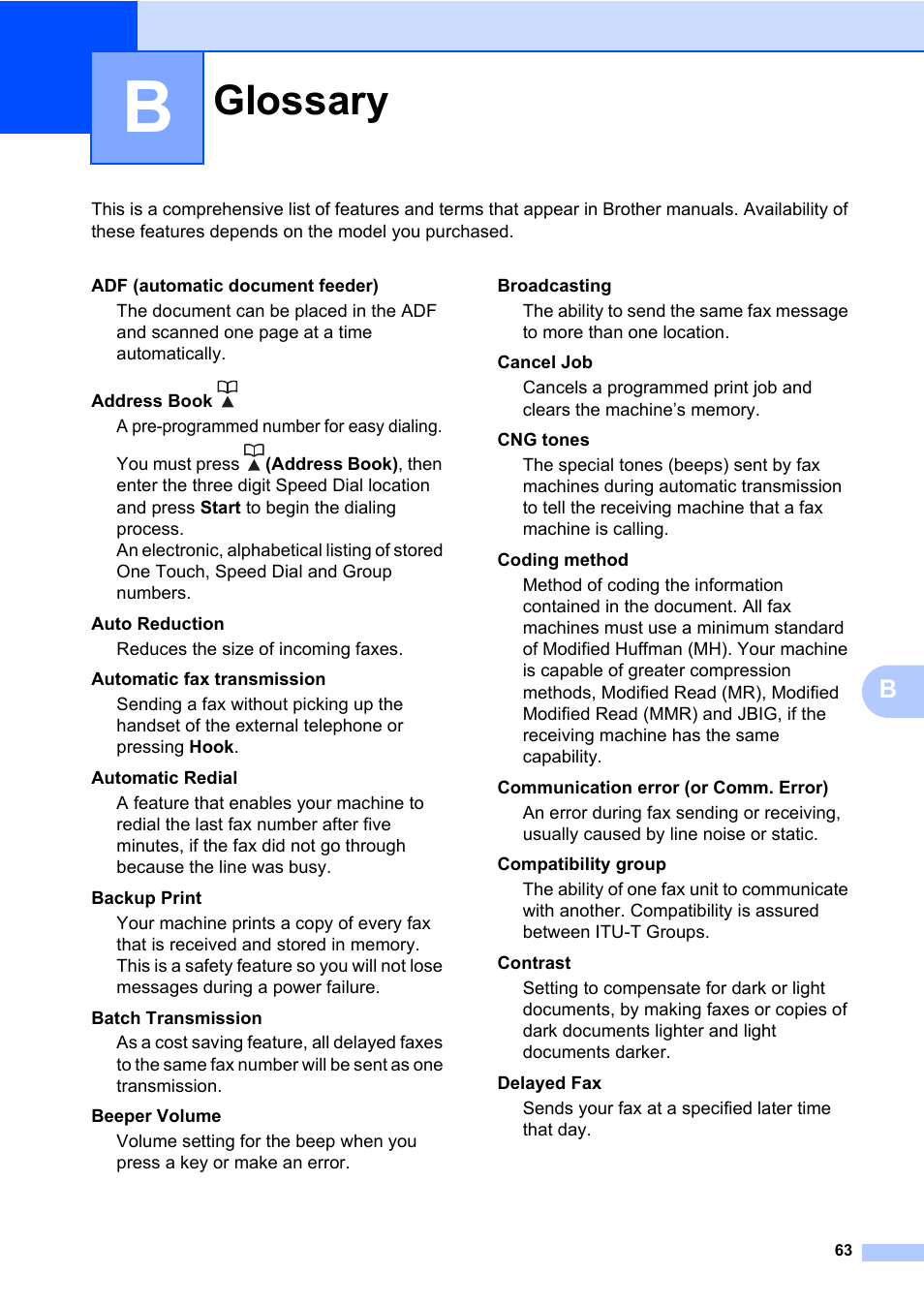 B glossary, Glossary | Brother MFC 7460DN User Manual | Page 69 / 76