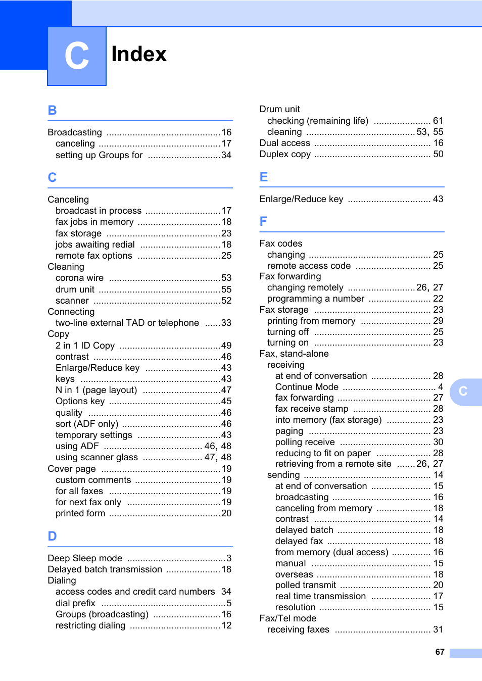 Index | Brother MFC 7460DN User Manual | Page 73 / 76