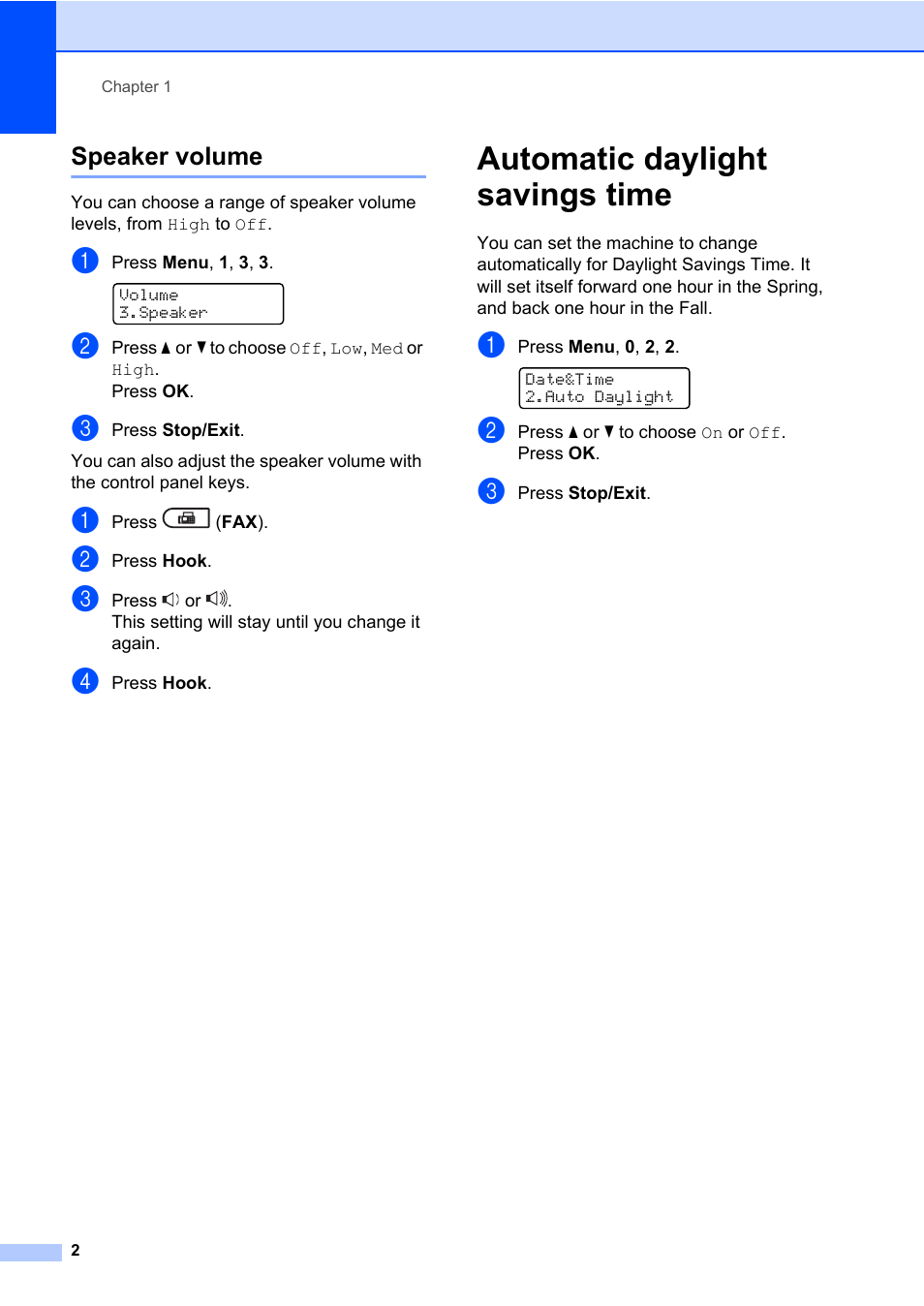 Speaker volume, Automatic daylight savings time | Brother MFC 7460DN User Manual | Page 8 / 76