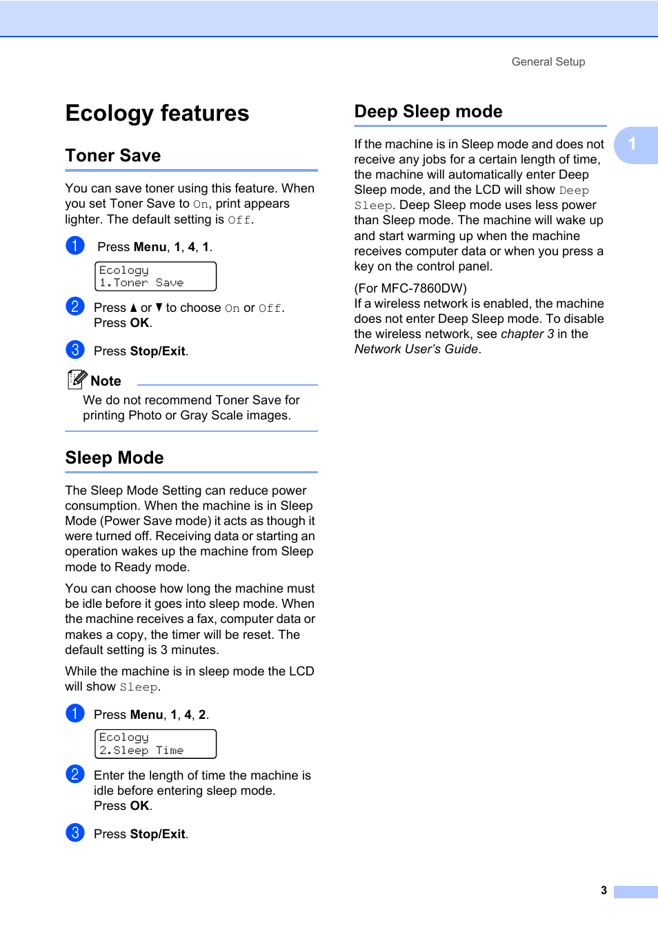 Ecology features, Toner save, Sleep mode | Deep sleep mode, Toner save sleep mode deep sleep mode | Brother MFC 7460DN User Manual | Page 9 / 76