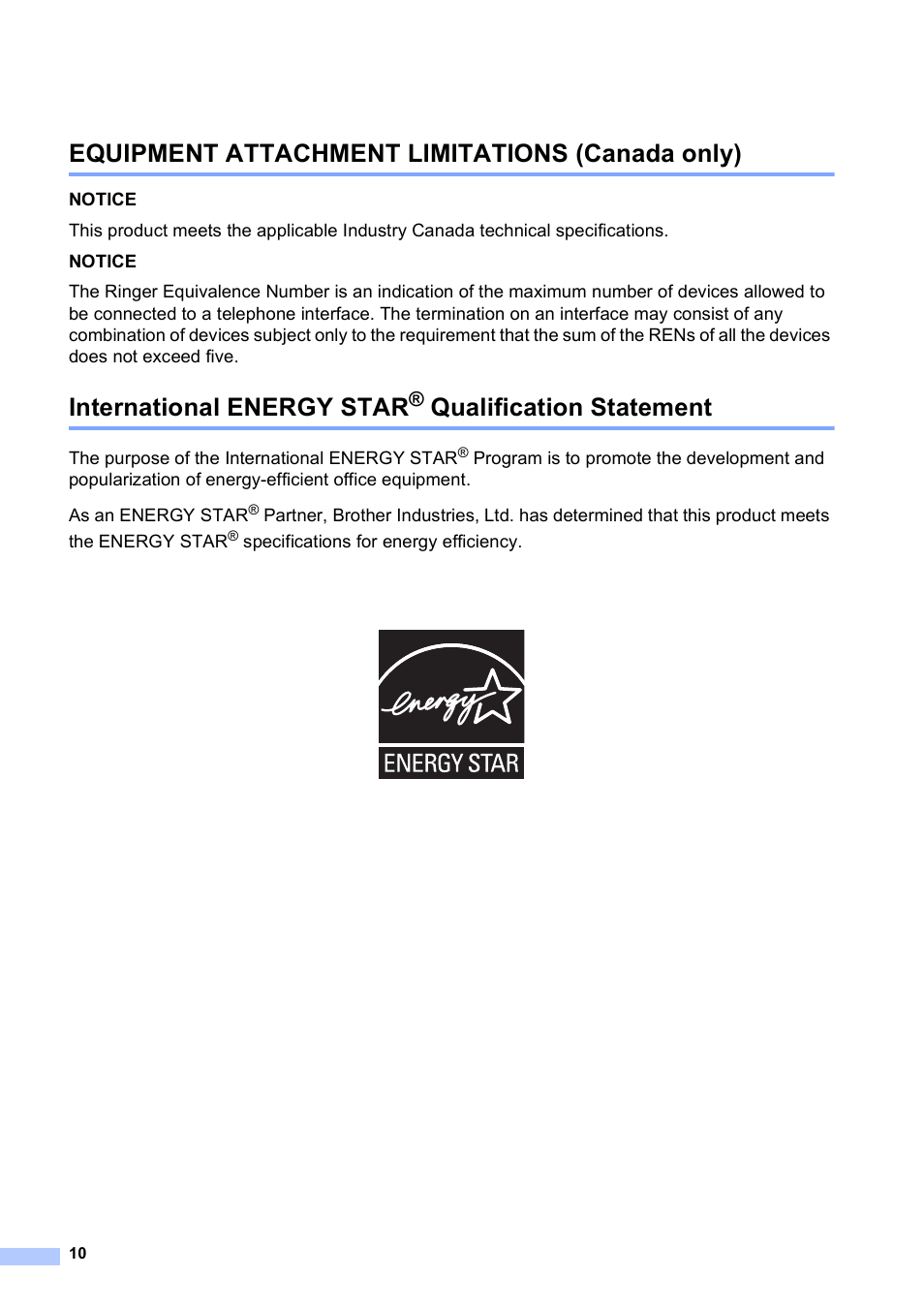 Equipment attachment limitations (canada only), International energy star® qualification statement, International energy star | Qualification statement | Brother MFC J265W User Manual | Page 10 / 15