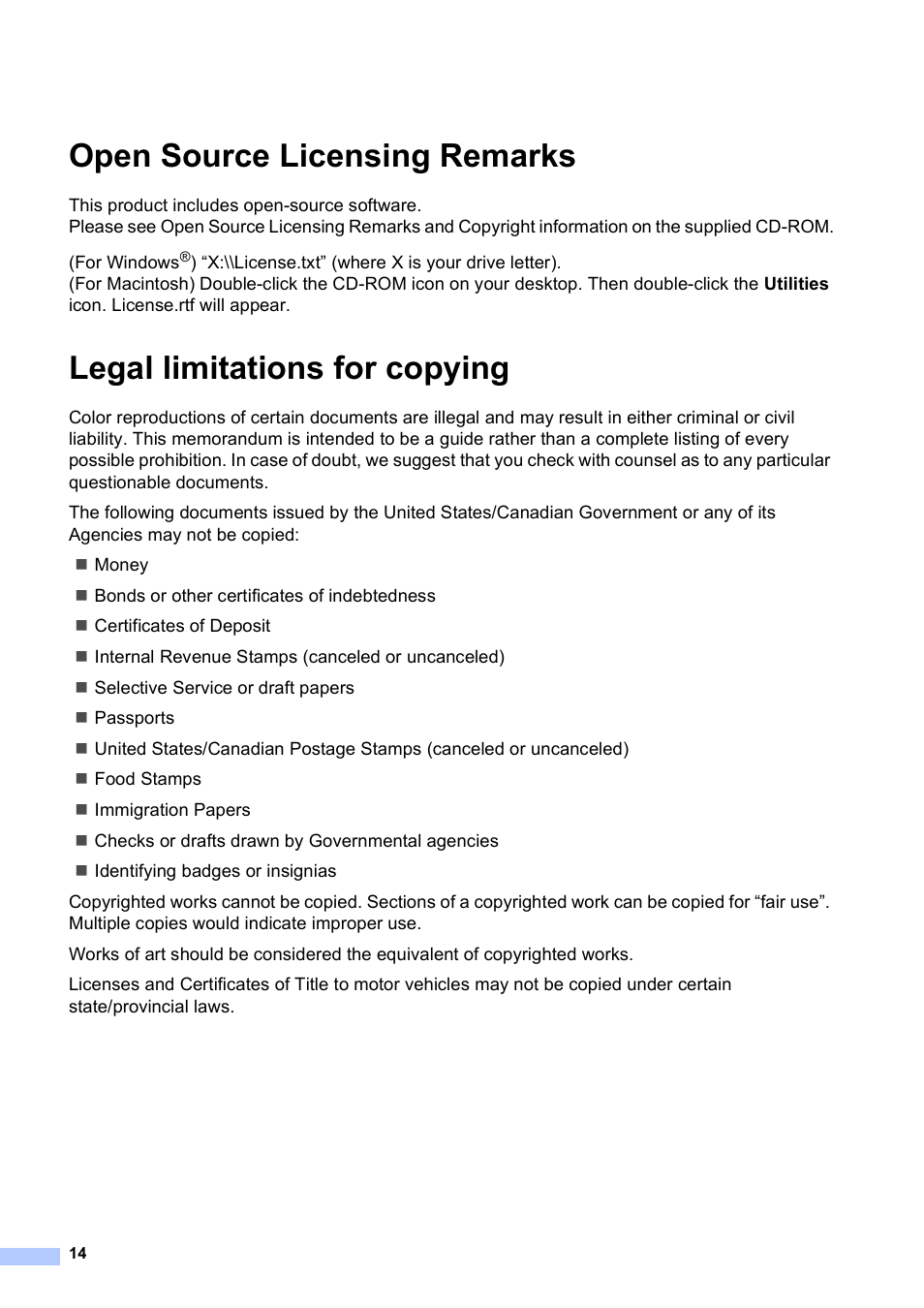 Open source licensing remarks, Legal limitations for copying | Brother MFC J265W User Manual | Page 14 / 15