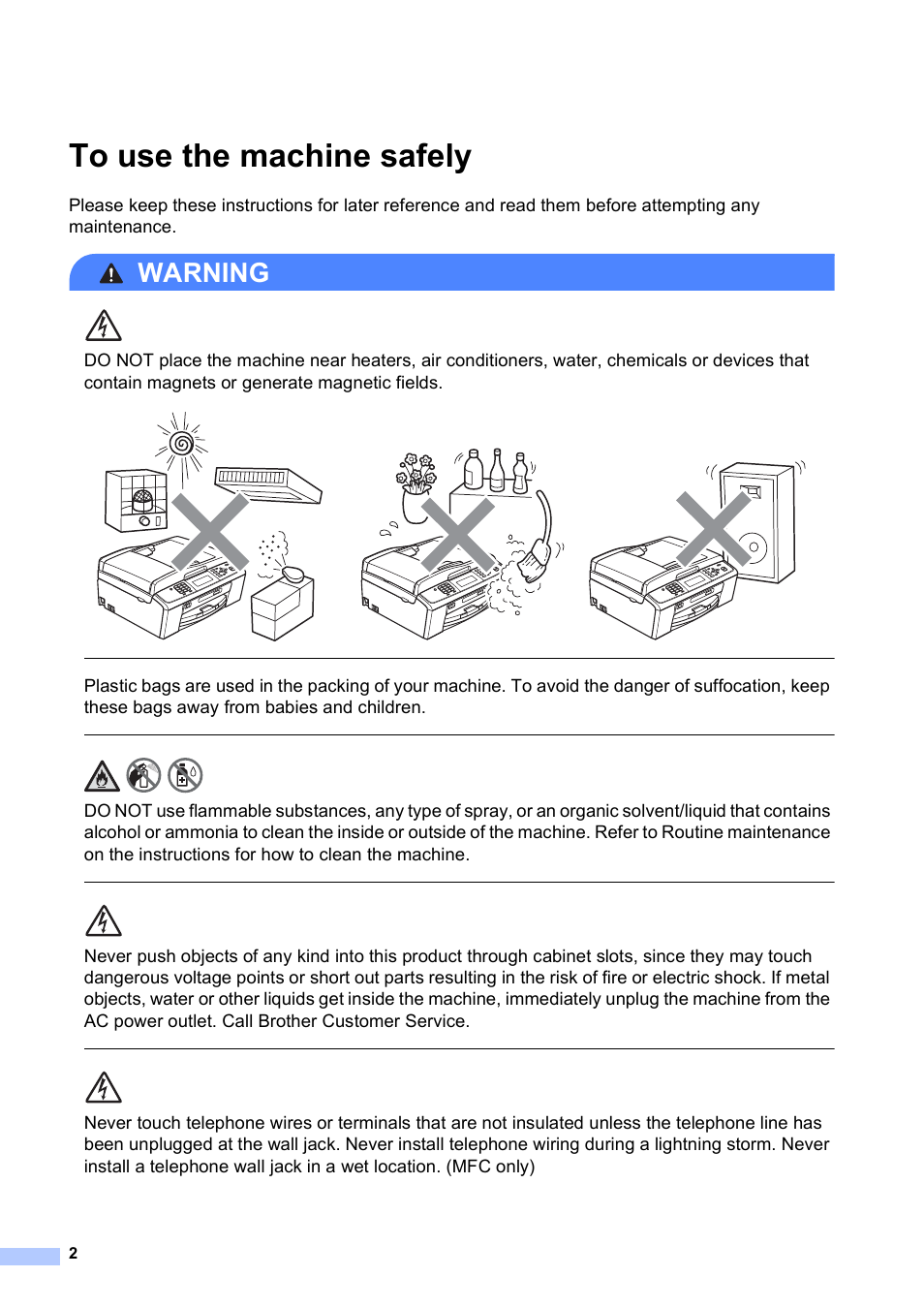 To use the machine safely, Warning | Brother MFC J265W User Manual | Page 2 / 15