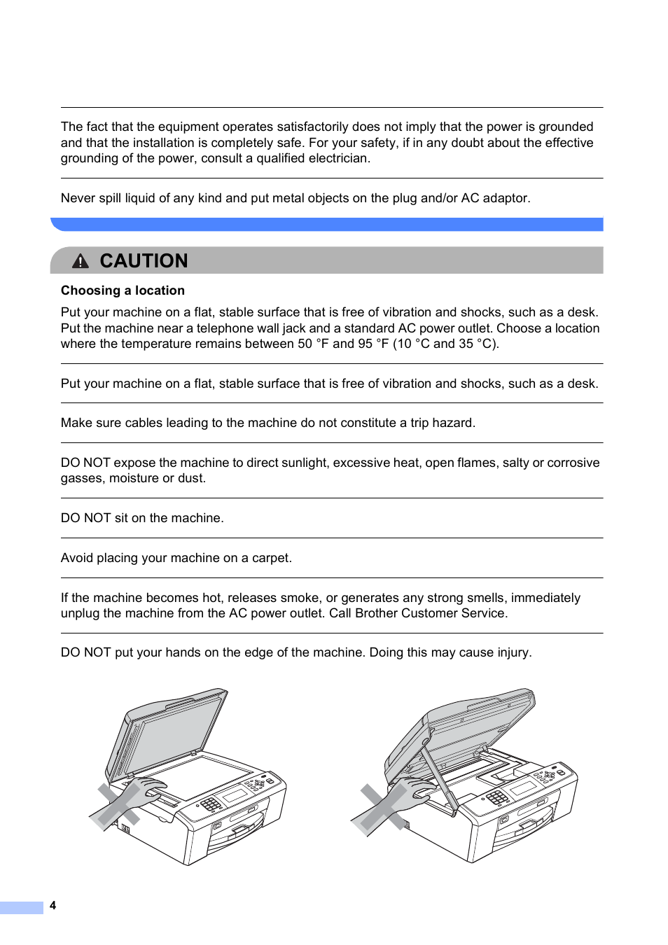 Caution, Do not sit on the machine, Avoid placing your machine on a carpet | Brother MFC J265W User Manual | Page 4 / 15
