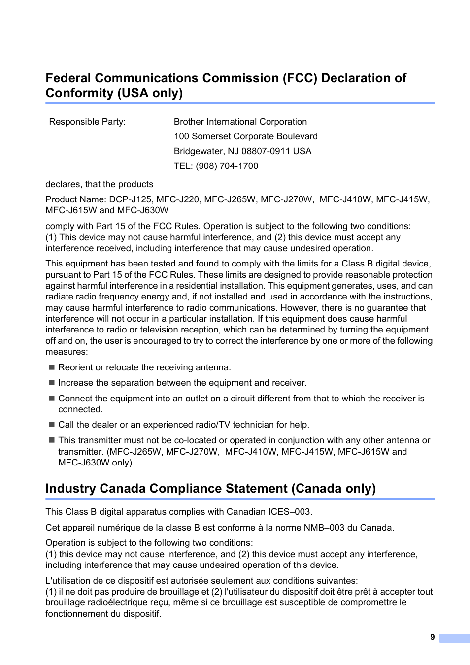 Industry canada compliance statement (canada only) | Brother MFC J265W User Manual | Page 9 / 15