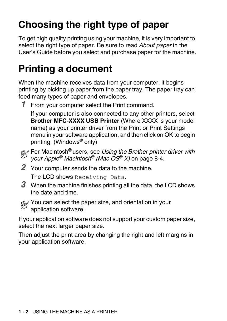 Choosing the right type of paper, Printing a document | Brother MFC-3240C User Manual | Page 10 / 173