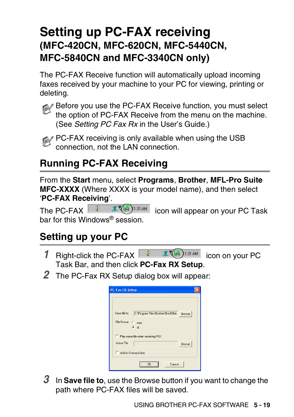 Running pc-fax receiving, Setting up your pc, Setting up pc-fax receiving | Brother MFC-3240C User Manual | Page 109 / 173
